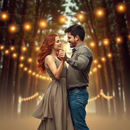 A beautiful romance book cover featuring a couple gracefully embracing as they dance beneath a stunning backdrop of tall pine trees