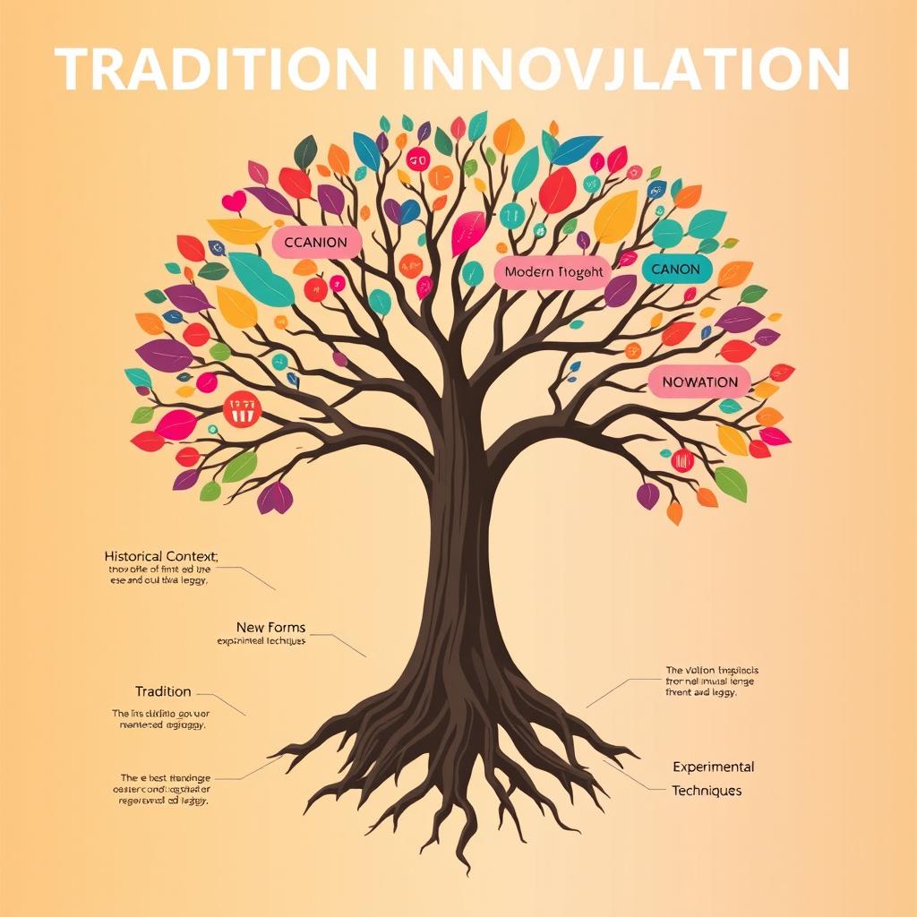 An infographic-style illustration featuring a central tree that symbolizes the relationship between tradition and innovation