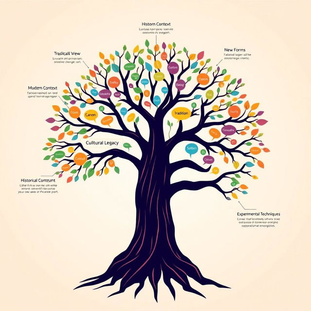 An infographic-style illustration featuring a central tree that symbolizes the relationship between tradition and innovation