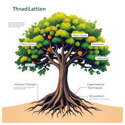 An infographic-style illustration featuring a central tree that symbolizes the relationship between tradition and innovation