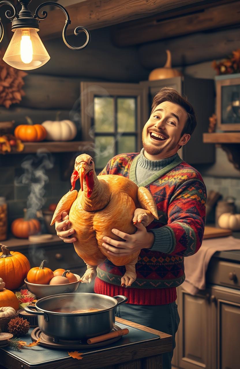 A whimsical and humorous scene featuring a man in a colorful, cozy sweater joyfully holding a large, plump turkey in a rustic kitchen