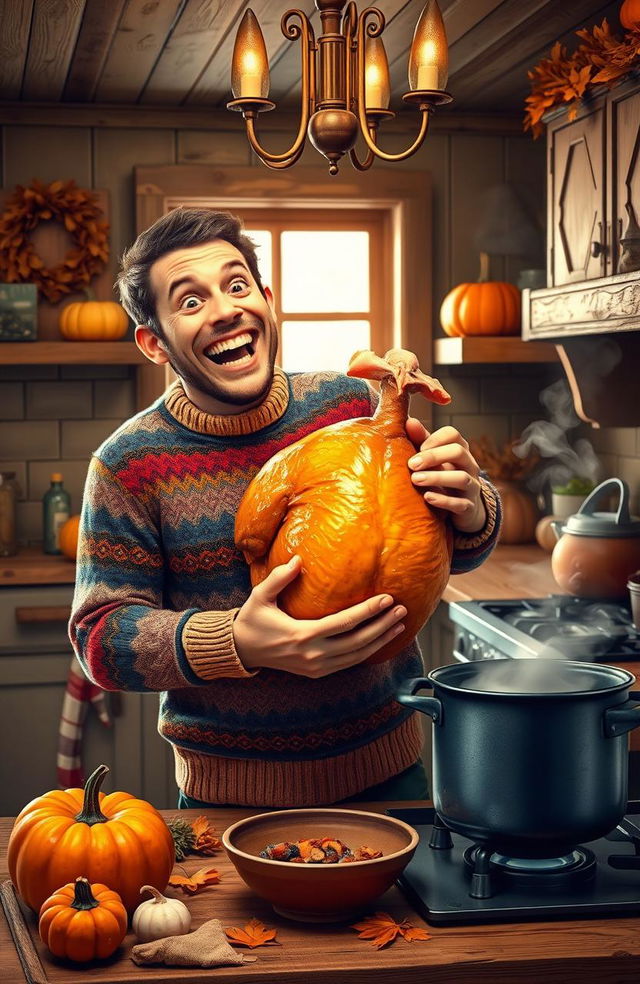 A whimsical and humorous scene featuring a man in a colorful, cozy sweater joyfully holding a large, plump turkey in a rustic kitchen