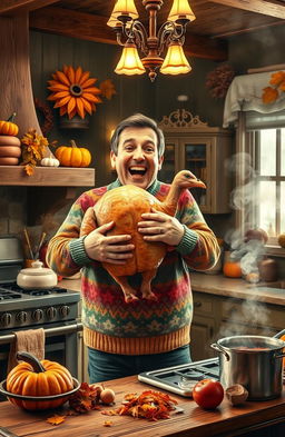A whimsical and humorous scene featuring a man in a colorful, cozy sweater joyfully holding a large, plump turkey in a rustic kitchen