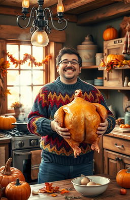 A whimsical and humorous scene featuring a man in a colorful, cozy sweater joyfully holding a large, plump turkey in a rustic kitchen