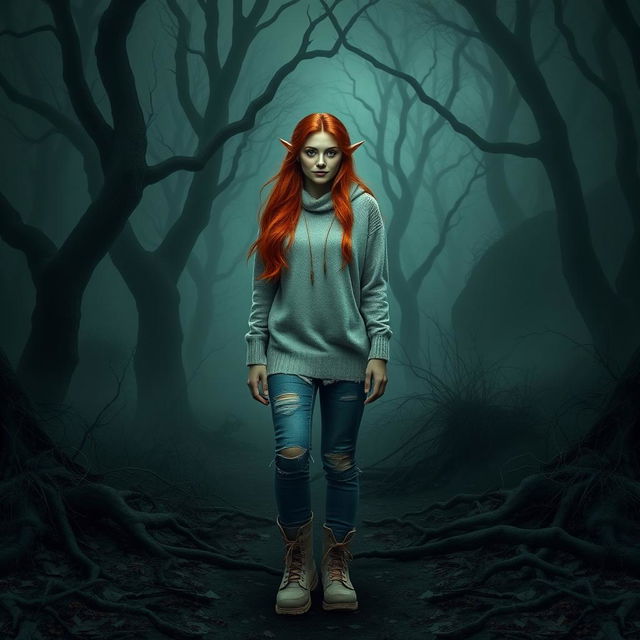 A female elf with radiant green skin and long, flowing auburn hair stands in a dark and forbidding forest setting