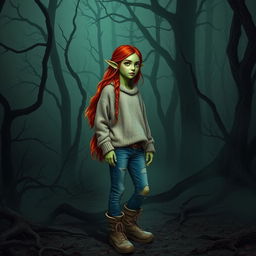A female elf with radiant green skin and long, flowing auburn hair stands in a dark and forbidding forest setting