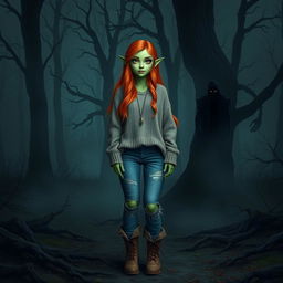 A female elf with radiant green skin and long, flowing auburn hair stands in a dark and forbidding forest setting