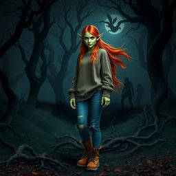 A female elf with radiant green skin and long, flowing auburn hair stands in a dark and forbidding forest setting