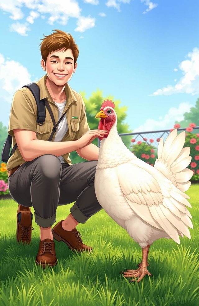 A cheerful scene depicting a man dressed in casual outdoor attire, joyfully interacting with his pet white turkey