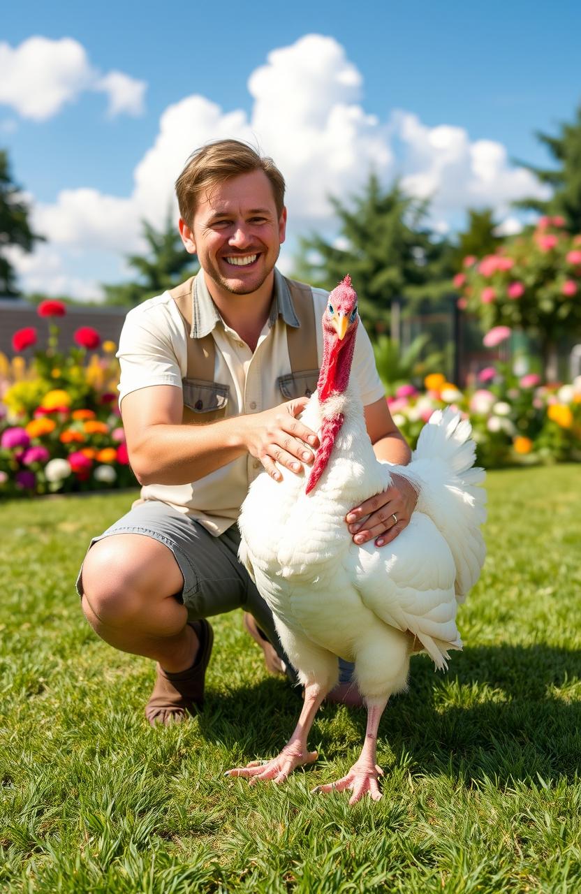 A cheerful scene depicting a man dressed in casual outdoor attire, joyfully interacting with his pet white turkey