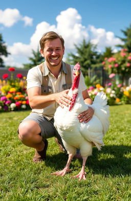 A cheerful scene depicting a man dressed in casual outdoor attire, joyfully interacting with his pet white turkey