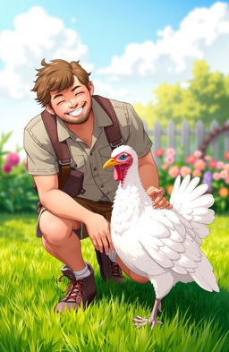 A cheerful scene depicting a man dressed in casual outdoor attire, joyfully interacting with his pet white turkey