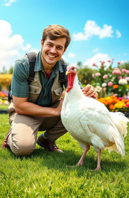 A cheerful scene depicting a man dressed in casual outdoor attire, joyfully interacting with his pet white turkey