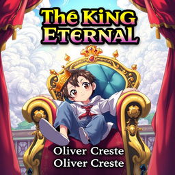 A vibrant and colorful book cover design for a fantasy novel titled 'The King Eternal', illustrated in the distinctive style of Japanese Anime