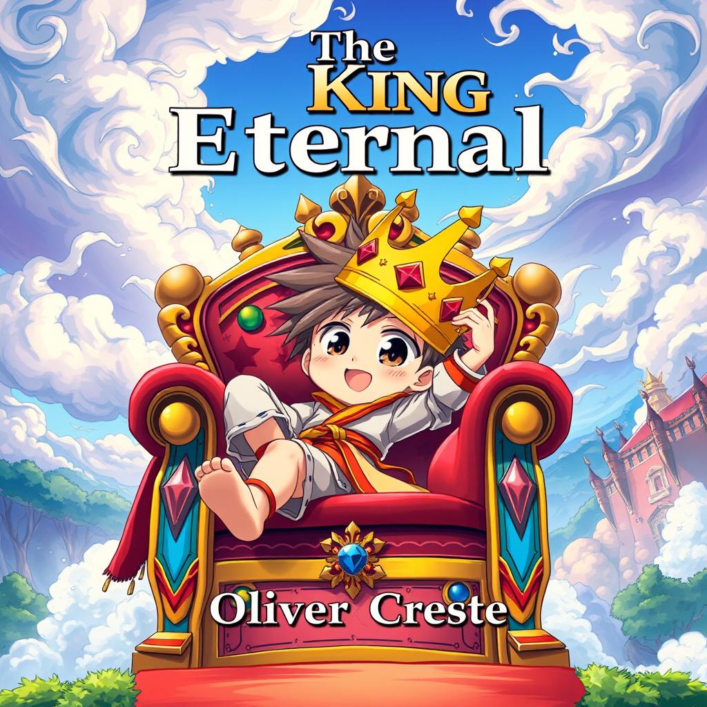 A vibrant and colorful book cover design for a fantasy novel titled 'The King Eternal', illustrated in the distinctive style of Japanese Anime