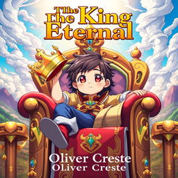 A vibrant and colorful book cover design for a fantasy novel titled 'The King Eternal', illustrated in the distinctive style of Japanese Anime