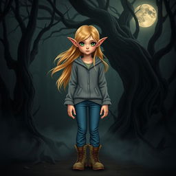 A female elf with delicate features and flowing golden hair stands in a dark, foreboding forest