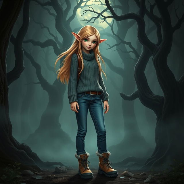 A female elf with delicate features and flowing golden hair stands in a dark, foreboding forest