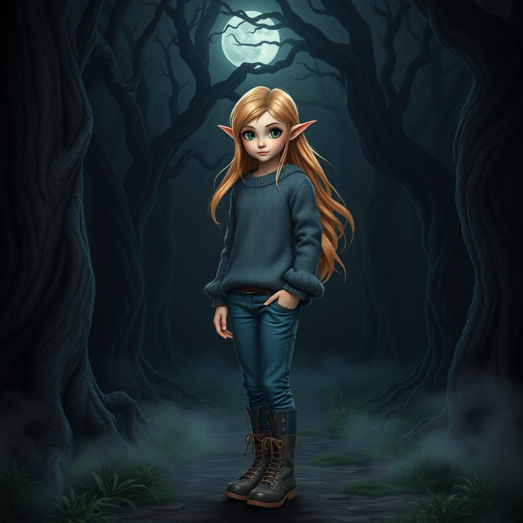 A female elf with delicate features and flowing golden hair stands in a dark, foreboding forest