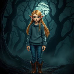A female elf with delicate features and flowing golden hair stands in a dark, foreboding forest