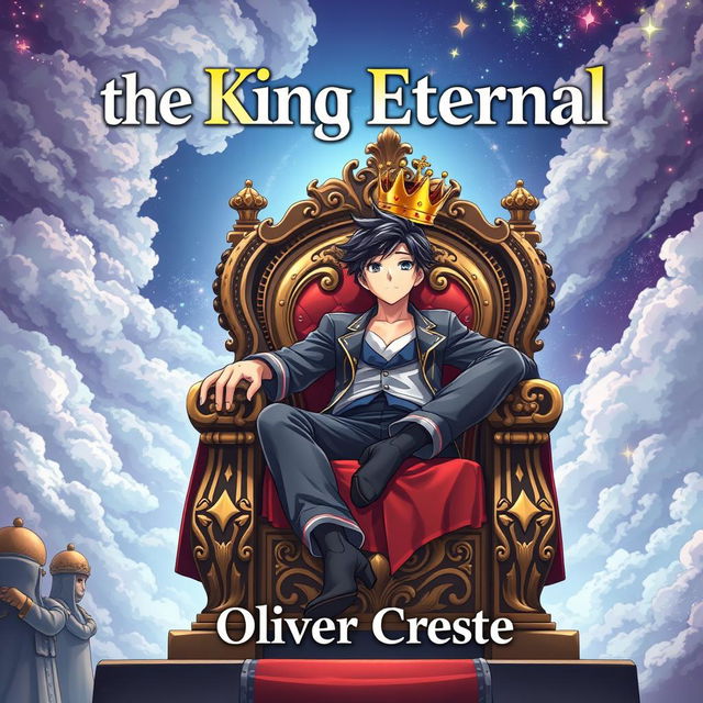 A captivating book cover design for a fantasy novel titled 'The King Eternal', illustrated in the dynamic style of Japanese Anime