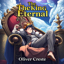 A captivating book cover design for a fantasy novel titled 'The King Eternal', illustrated in the dynamic style of Japanese Anime
