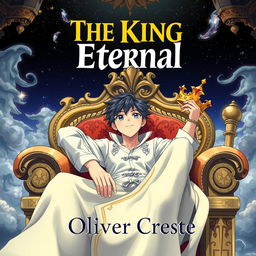 A captivating book cover design for a fantasy novel titled 'The King Eternal', illustrated in the dynamic style of Japanese Anime