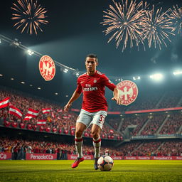 A highly detailed and dynamic scene depicting Cristiano Ronaldo in a red and white uniform representing Persepolis FC