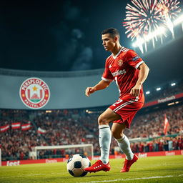 A highly detailed and dynamic scene depicting Cristiano Ronaldo in a red and white uniform representing Persepolis FC
