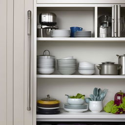 A meticulously organized kitchen cabinet or console, equipped with drawers and storage compartments filled with cutlery and dishes. Atop the cabinet rests a microwave and various other essential kitchen appliances.