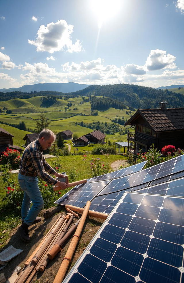 A scenic outdoor DIY solar panel project in Bulgaria, showcasing a picturesque landscape with rolling hills and traditional Bulgarian architecture