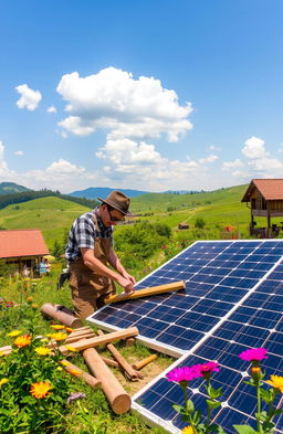 A scenic outdoor DIY solar panel project in Bulgaria, showcasing a picturesque landscape with rolling hills and traditional Bulgarian architecture