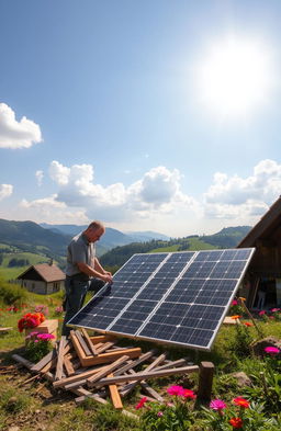 A scenic outdoor DIY solar panel project in Bulgaria, showcasing a picturesque landscape with rolling hills and traditional Bulgarian architecture
