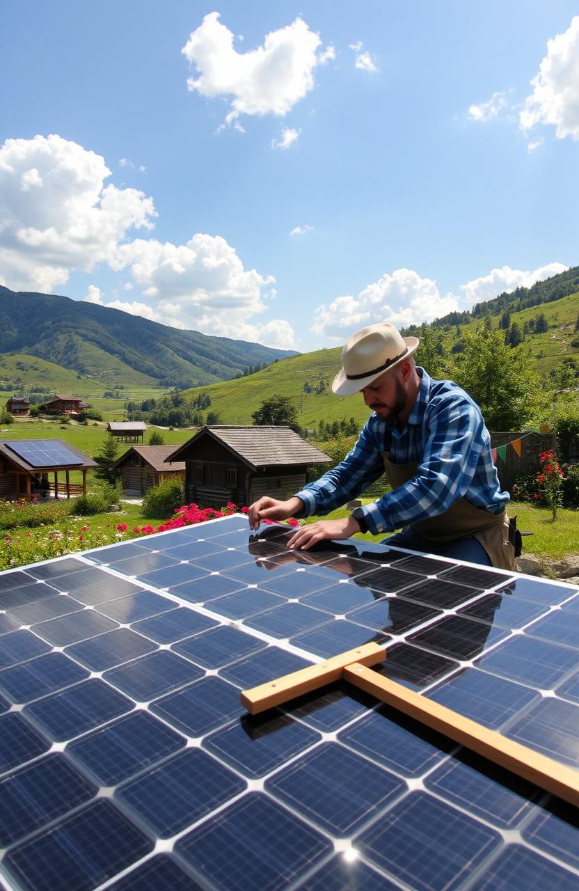 A scenic outdoor DIY solar panel project in Bulgaria, showcasing a picturesque landscape with rolling hills and traditional Bulgarian architecture