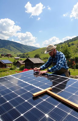 A scenic outdoor DIY solar panel project in Bulgaria, showcasing a picturesque landscape with rolling hills and traditional Bulgarian architecture