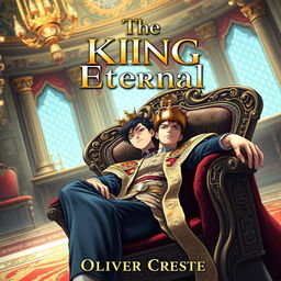 An eye-catching book cover design for a fantasy novel titled 'The King Eternal', illustrated in the captivating style of Japanese Anime