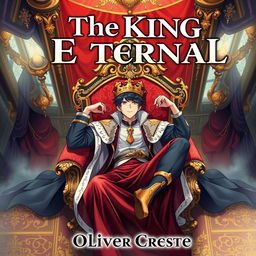 An eye-catching book cover design for a fantasy novel titled 'The King Eternal', illustrated in the captivating style of Japanese Anime