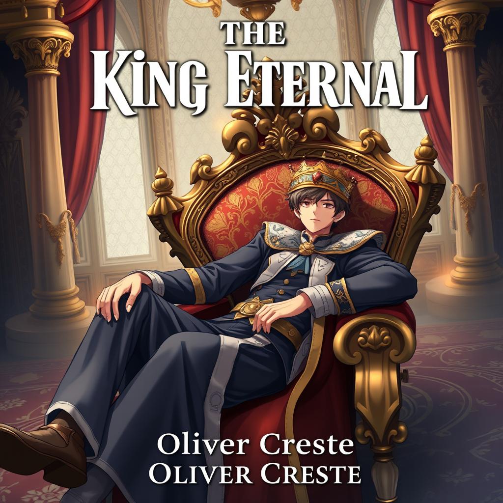 An eye-catching book cover design for a fantasy novel titled 'The King Eternal', illustrated in the captivating style of Japanese Anime