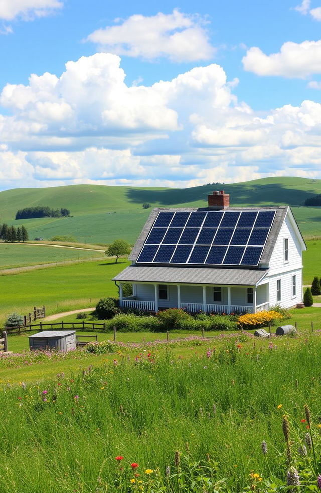 A charming farmhouse set in a picturesque rural landscape, showcasing solar panels on the roof