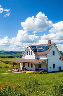 A charming farmhouse set in a picturesque rural landscape, showcasing solar panels on the roof
