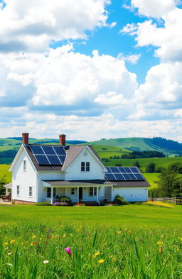 A charming farmhouse set in a picturesque rural landscape, showcasing solar panels on the roof