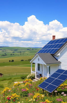 A charming farmhouse set in a picturesque rural landscape, showcasing solar panels on the roof
