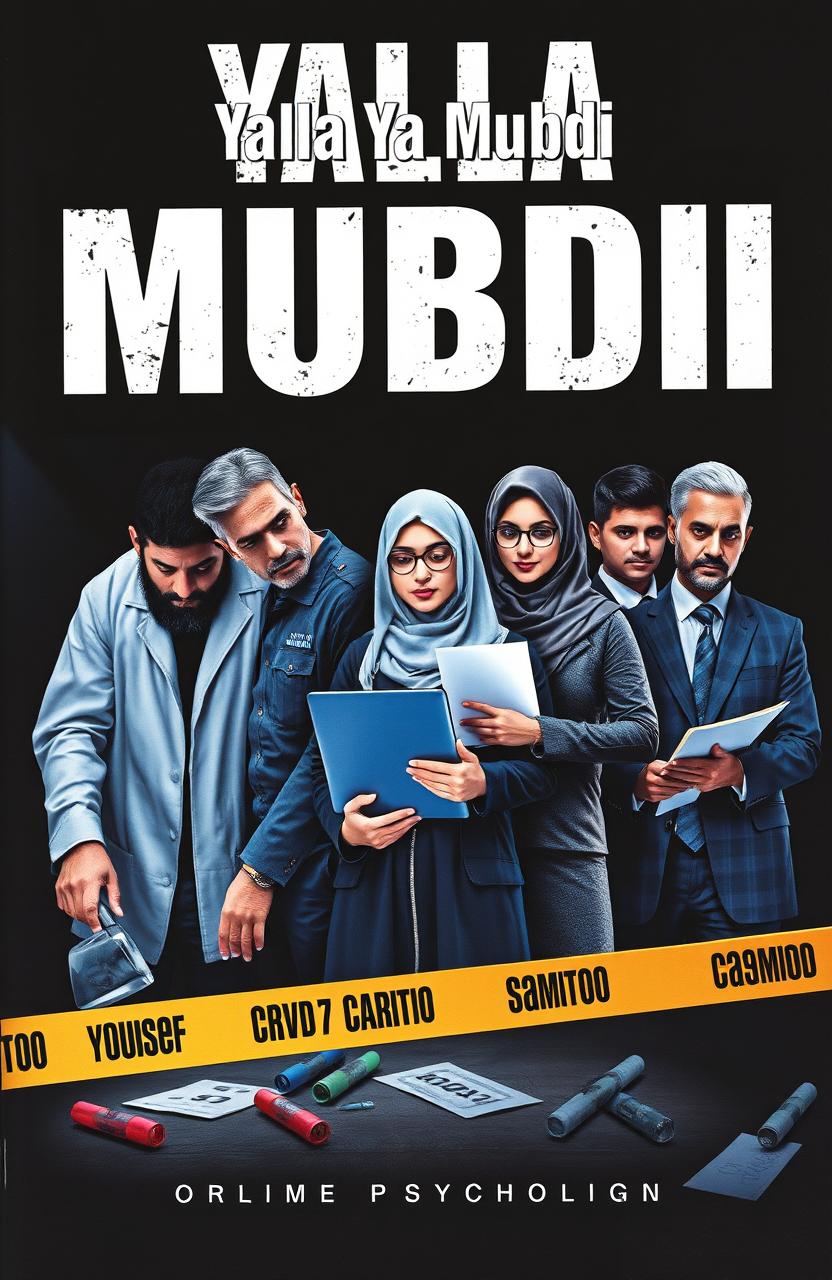 A gripping book cover design featuring a crime investigation team: Adham, a bearded forensic doctor in professional attire, carefully examining evidence on a crime scene