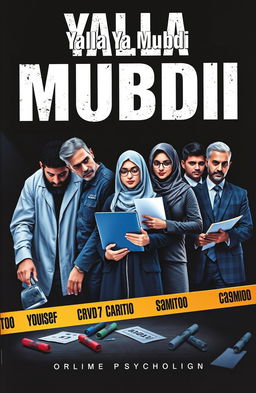 A gripping book cover design featuring a crime investigation team: Adham, a bearded forensic doctor in professional attire, carefully examining evidence on a crime scene