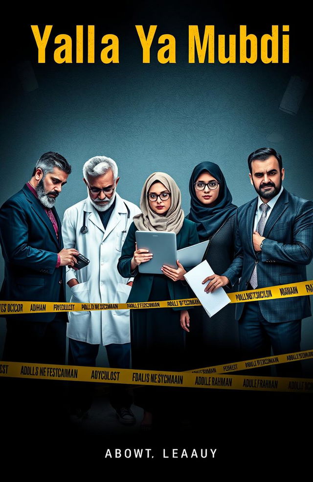 A gripping book cover design featuring a crime investigation team: Adham, a bearded forensic doctor in professional attire, carefully examining evidence on a crime scene