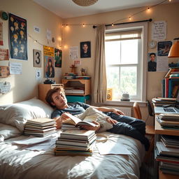 A cozy hostel room designated as number 3, featuring a student laying on a neatly made bed, lost in thought about dissertation topics