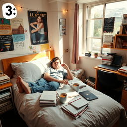 A cozy hostel room designated as number 3, featuring a student laying on a neatly made bed, lost in thought about dissertation topics
