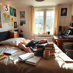 A cozy hostel room designated as number 3, featuring a student laying on a neatly made bed, lost in thought about dissertation topics