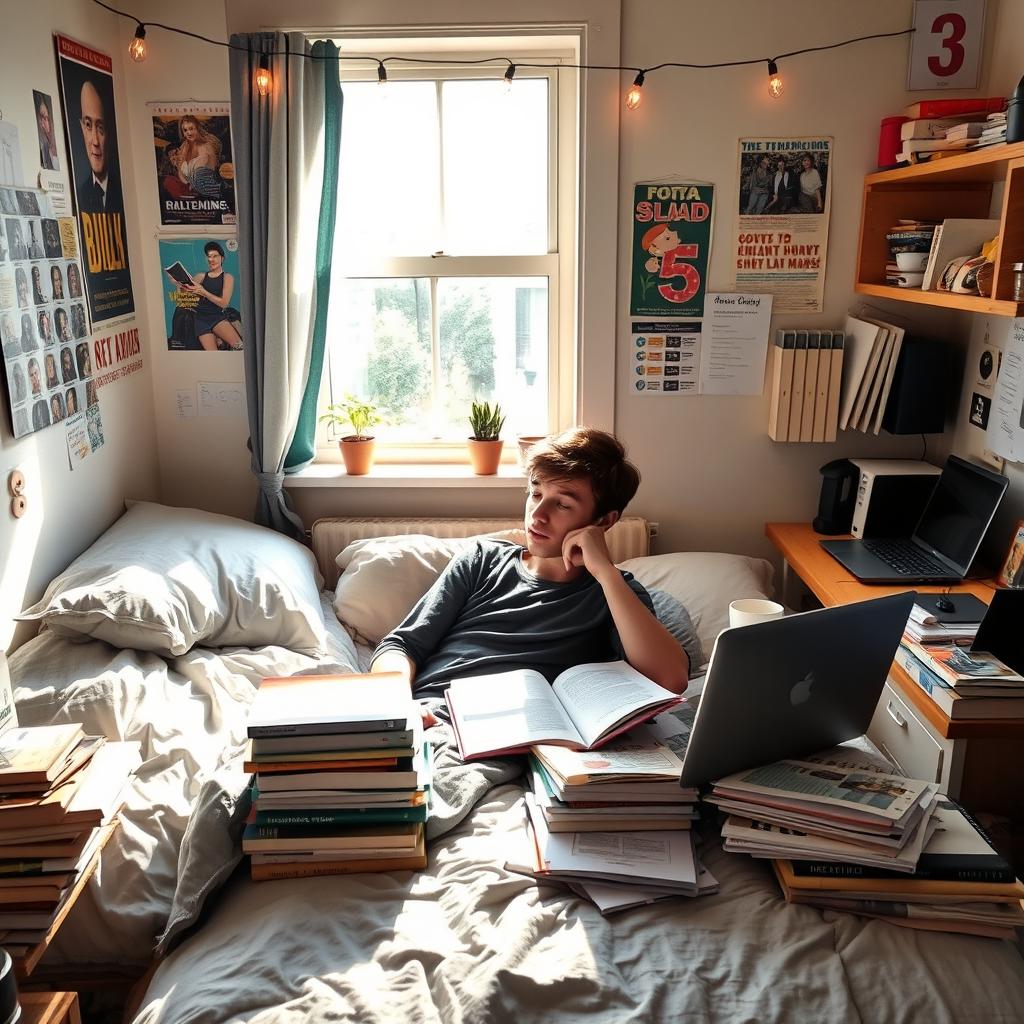 A cozy hostel room designated as number 3, featuring a student laying on a neatly made bed, lost in thought about dissertation topics