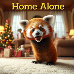 A whimsical adaptation of the classic 'Home Alone' movie poster featuring a cute red panda instead of the boy